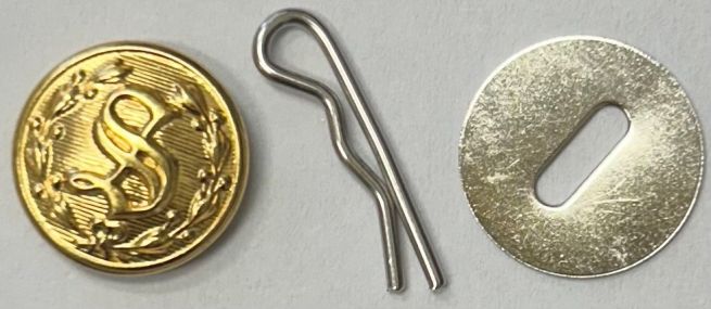 S UNIFORM SHIRT BUTTON BRASS SET = 1 SMALL BRASS S UNIFORM BUTTON, 1 DISC & 1 COTTER PIN.